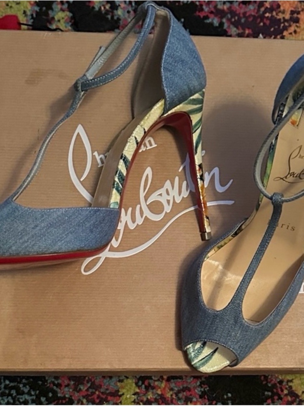 Christian Louboutin Denim T-Strap Peep-Toe Pumps with Red Sole